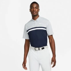 Nike Dry Victory Colourblock Golf Polo Shirt -Golf Master Shop Nike SS22 Dry Victory Colourblock Golf Polo Shirt DH0845 077 M Smoke Grey Obsidian White model 1